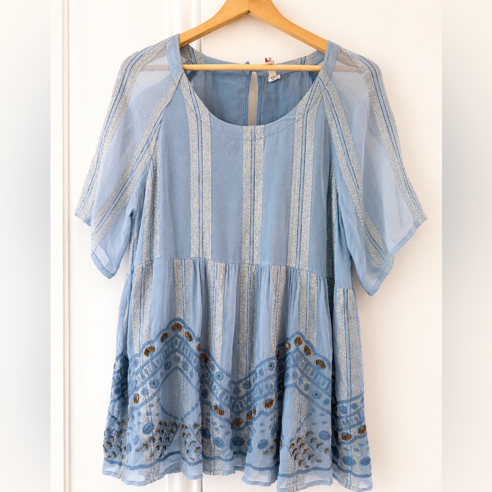 RAGA Blue Boho Embroidered Tunic Blouse Medium Metallic Stripe Beaded Top